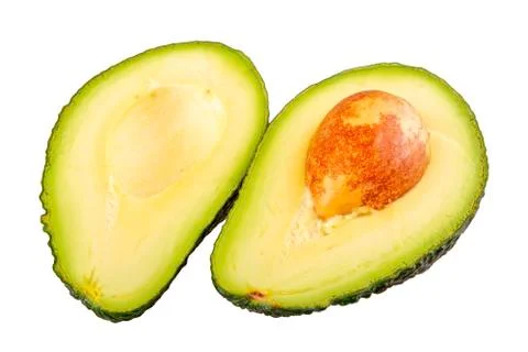 Two half of cut avocado on a white background 스톡 사진