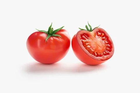 Two half-cut tomatoes in vibrant red color, showcasing juicy pulp and seeds Stock Illustration