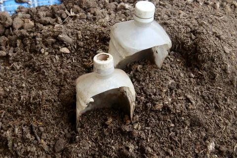 Two half plastic bottles on fertilizer pile Foto stock