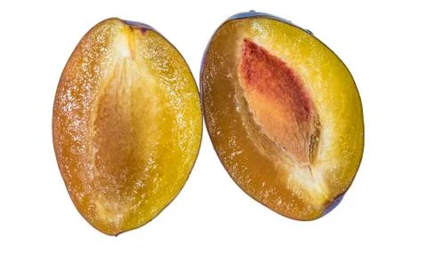 Two half ripe plums on white background Stock Photos