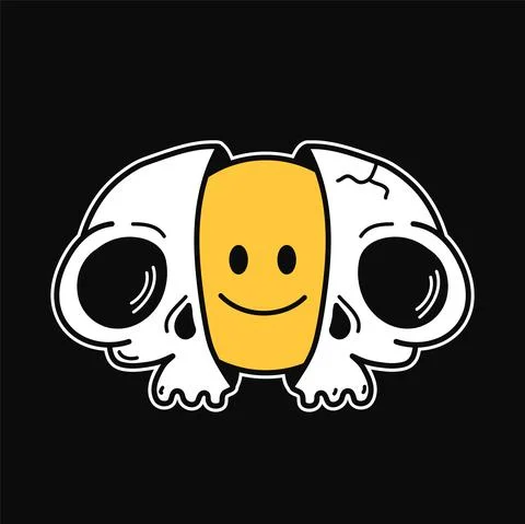 Two half of shull with smile face inside. Vector hand drawn doodle 90s style Stock Illustration