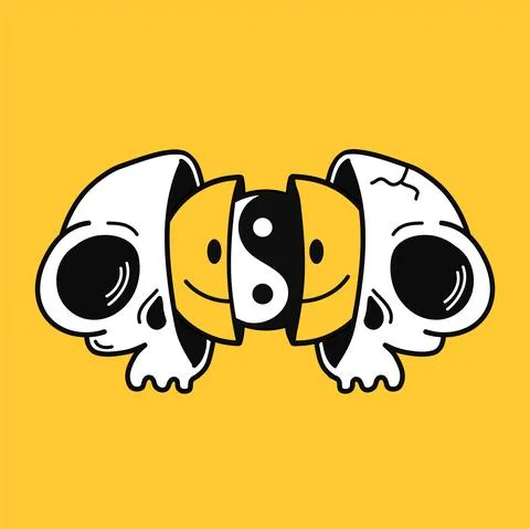 Two half of shull with smile face and Yin Yang inside. Vector hand drawn doodle Stock Illustration