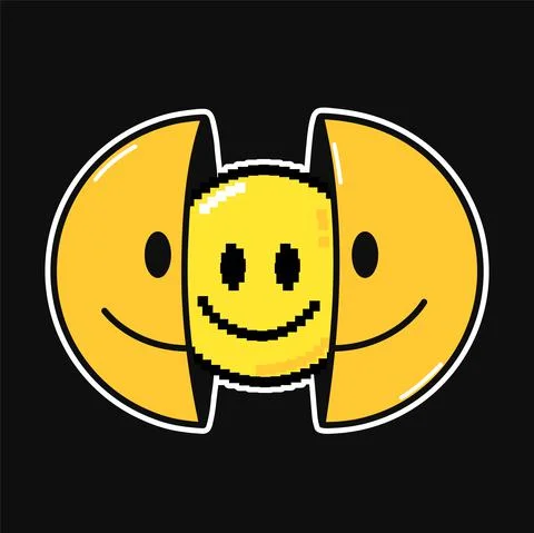 Two half of smile face with 8 bit pixel art. Vector hand drawn doodle cartoon Stock Illustration