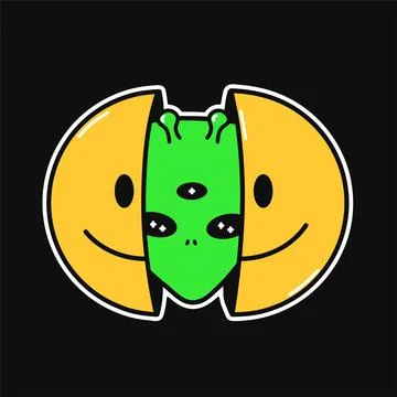 Two half of smile face with alien head inside. Vector hand drawn doodle cartoon Stock Illustration