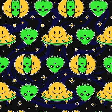Two half of smile face with alien inside,ufo seamless pattern. Vector hand drawn Stock Illustration