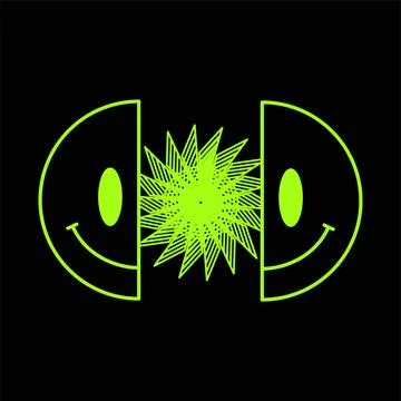 Two half of smile face and star. Vector modern neon digital style cartoon Stock Illustration