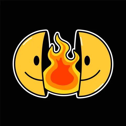 Two half of smile face with burn flame fire inside. Vector hand drawn doodle 90s Stock Illustration