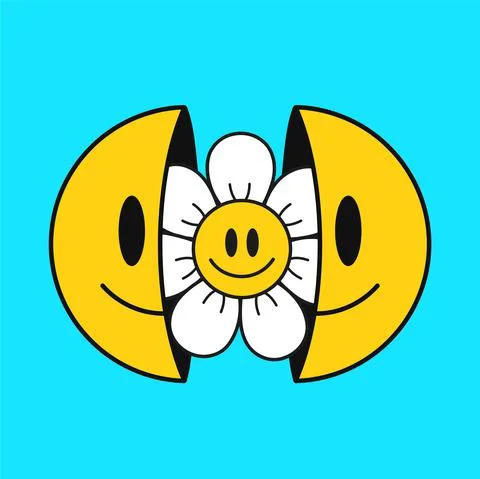 Two half of smile face with chamomile flowe inside.Vector cartoon character Stock Illustration