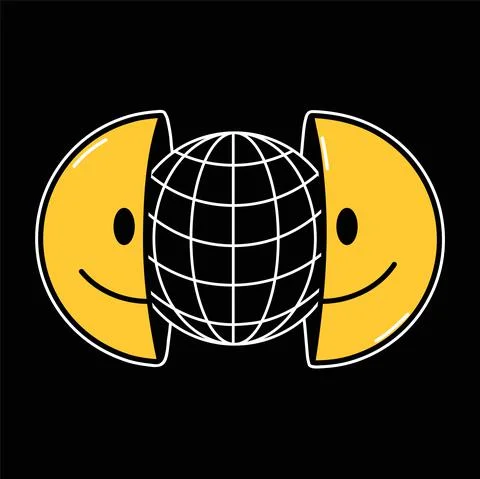 Two half of smile face with globe earth sphere grid inside. Vector hand drawn Stock Illustration