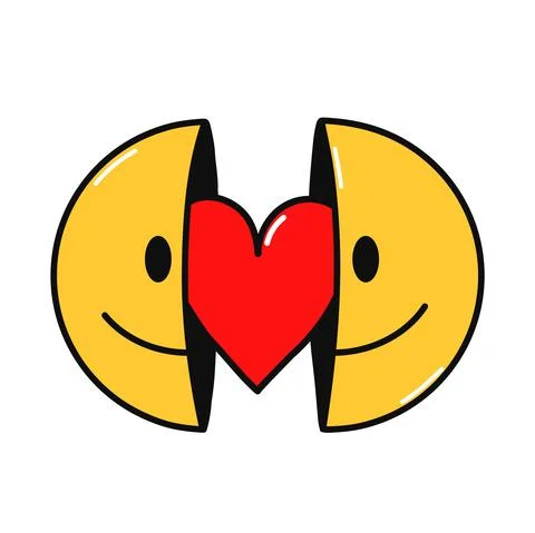 Two half of smile face with heart inside. Vector hand drawn doodle cartoon Stock Illustration