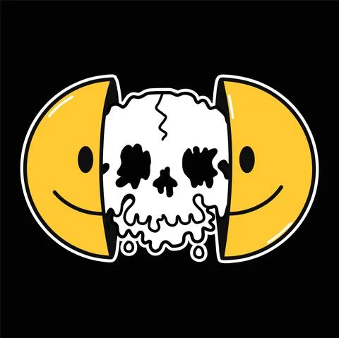 Two half of smile face with melting skull inside. Vector hand drawn doodle Stock Illustration