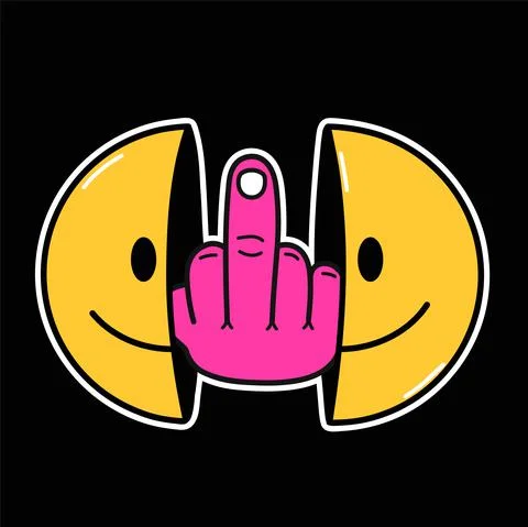 Two half of smile face with middle finger gesture inside t-shirt print. Vector Stock Illustration