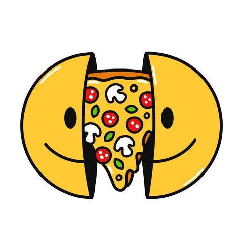 Two half of smile face with pizza inside. Vector hand drawn doodle cartoon Stock Illustration