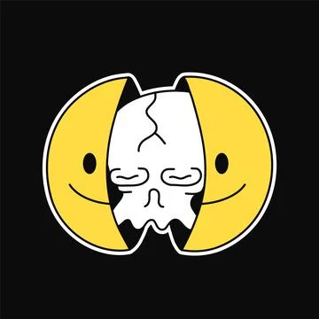 Two half of smile face with skull inside. Vector hand drawn doodle cartoon Stock Illustration