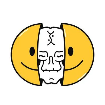 Two half of smile face with skull inside. Vector hand drawn doodle cartoon Stock Illustration