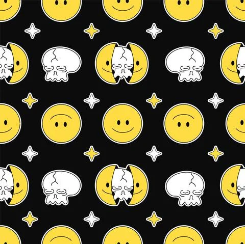 Two half of smile face with skull inside seamless pattern. Vector hand drawn Stock Illustration
