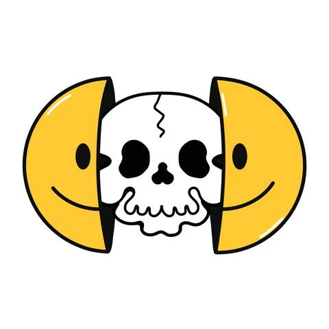 Two half of smile face with skull inside. Vector hand drawn doodle cartoon Stock Illustration