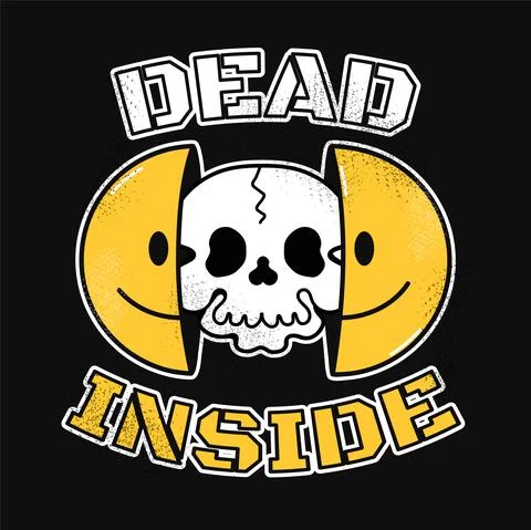 Two half of smile face with skull inside. Dead inside phrase. Vector hand drawn Stock Illustration