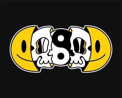 Two half of smile face with skull and Yin Yang inside. Vector hand drawn doodle Stock Illustration