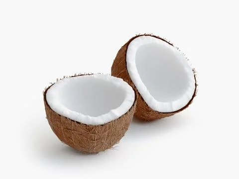 Two halfs of coconut isolated on white with shadow, 3d rendering Stock Illustration