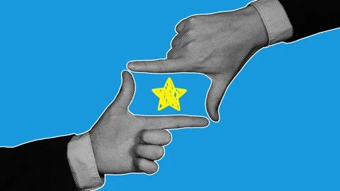Two halftone hands form a finger frame as a doodle star appears inside. Stock Footage 344876350
