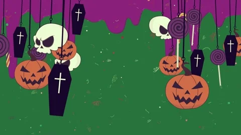 Two halloween decorations hanging from the ceiling and a group of three Video stock 335977922