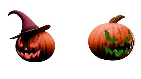 Two Halloween pumpkins with glowing faces isolated on white background Stock Illustration