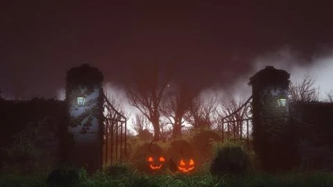 Two halloween pumpkins at spooky gate on misty night. Stock Illustration