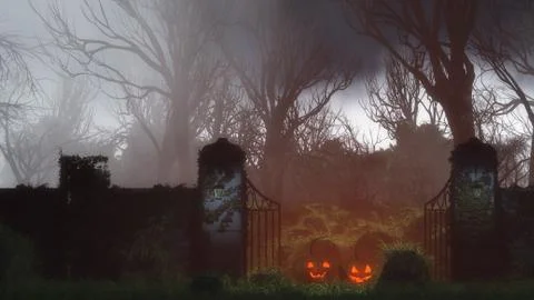 Two halloween pumpkins at spooky gate on misty night. Stock Illustration