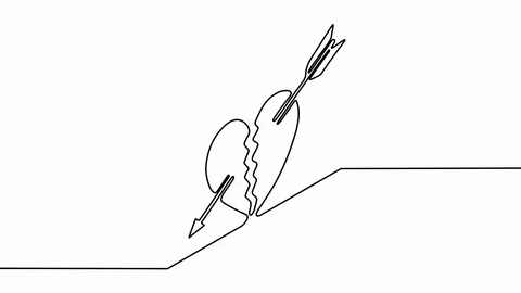 Two halves of broken heart with arrow in style of isometric continuous line Stock Footage 109496723