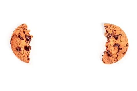 Two halves of a chocolate chip cookie, shot from above on a white background 写真素材