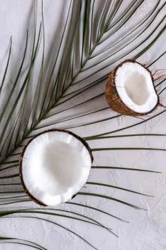 Two halves of coconut on palm leaf and on table Stock Photos