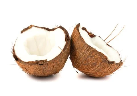 Two halves of coconut on white background Stock Photos