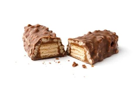 Two halves of a crispy chocolate bar on a white background. Stock Photos