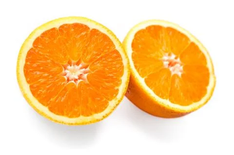 Two halves of oranges on white background Stock Photos