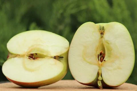 Two halves of an oval-conical apple Stock Photos