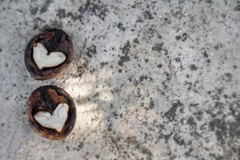 Two halves of split walnut with core in form of white hearts on stone textured Stock-Fotos