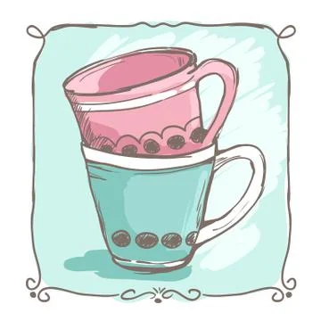 Two hand drawn cups of tea in sketchy style decorated with simple frame Illustrazione stock