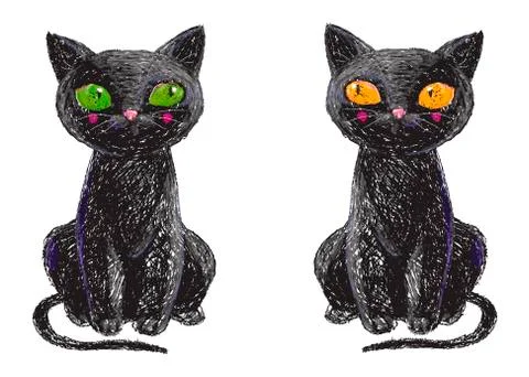 Two hand drawn cute black witch cats isolated on white background. Pencil  Stock Illustration