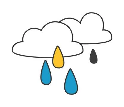 Two hand drawn simple cartoon clouds with colorful raindrops flat vector il.. Stock Illustration