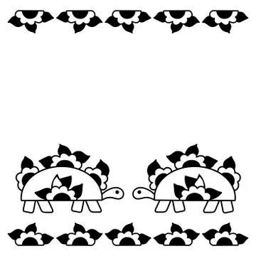 Two hand-drawn stylized turtles. Frame of flowers. Vector postcard, poster Stock Illustration