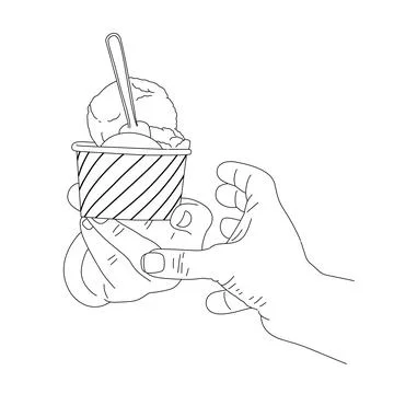 Two hand holding ice cream on stripes paper cup with purple spoon illustration d Stock Illustration