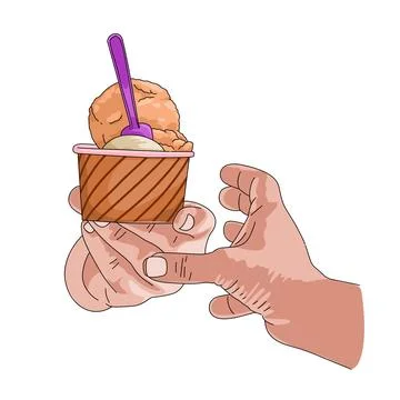 Two hand holding ice cream on stripes paper cup with purple spoon illustration Stock Illustration