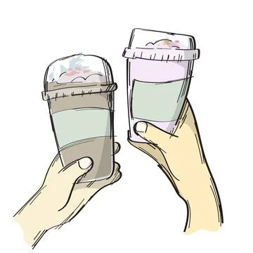 Two hand holding a refreshing iced coffee drink illustration vector sketch Stock Illustration