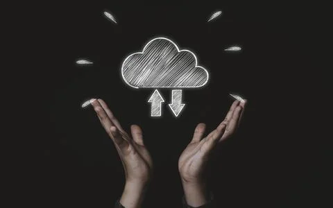 Two hand holding white cloud computing icon from hand drawing , Foto stock