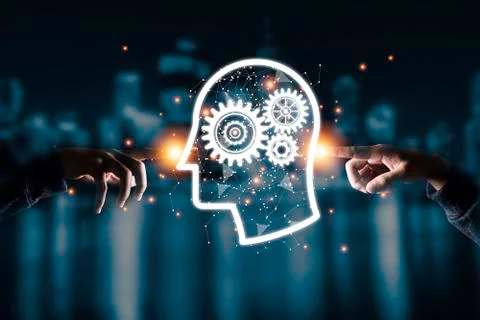 Two hand touching on virtual human with cog gear. Idea thinking and creative Stock Photos