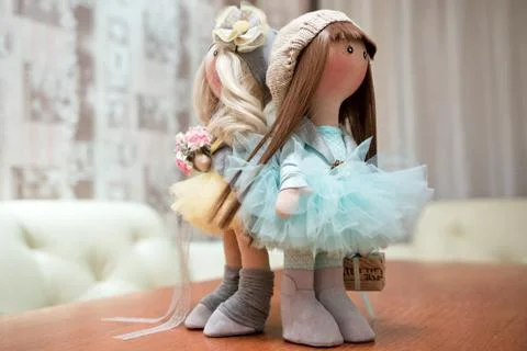 Two handmade rag dolls - blonde and brown-haired Stock-Fotos