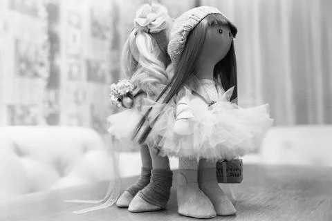 Two handmade rag dolls - blonde and brown-haired Stock-Fotos