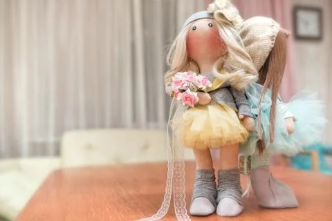 Two handmade rag dolls - blonde and brown-haired Stock-Fotos