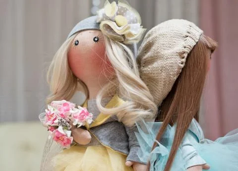 Two handmade rag dolls - blonde and brown-haired Stock-Fotos